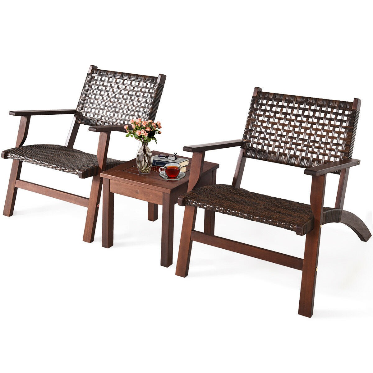 3PCS Outdoor Wooden Patio Rattan Furniture Set