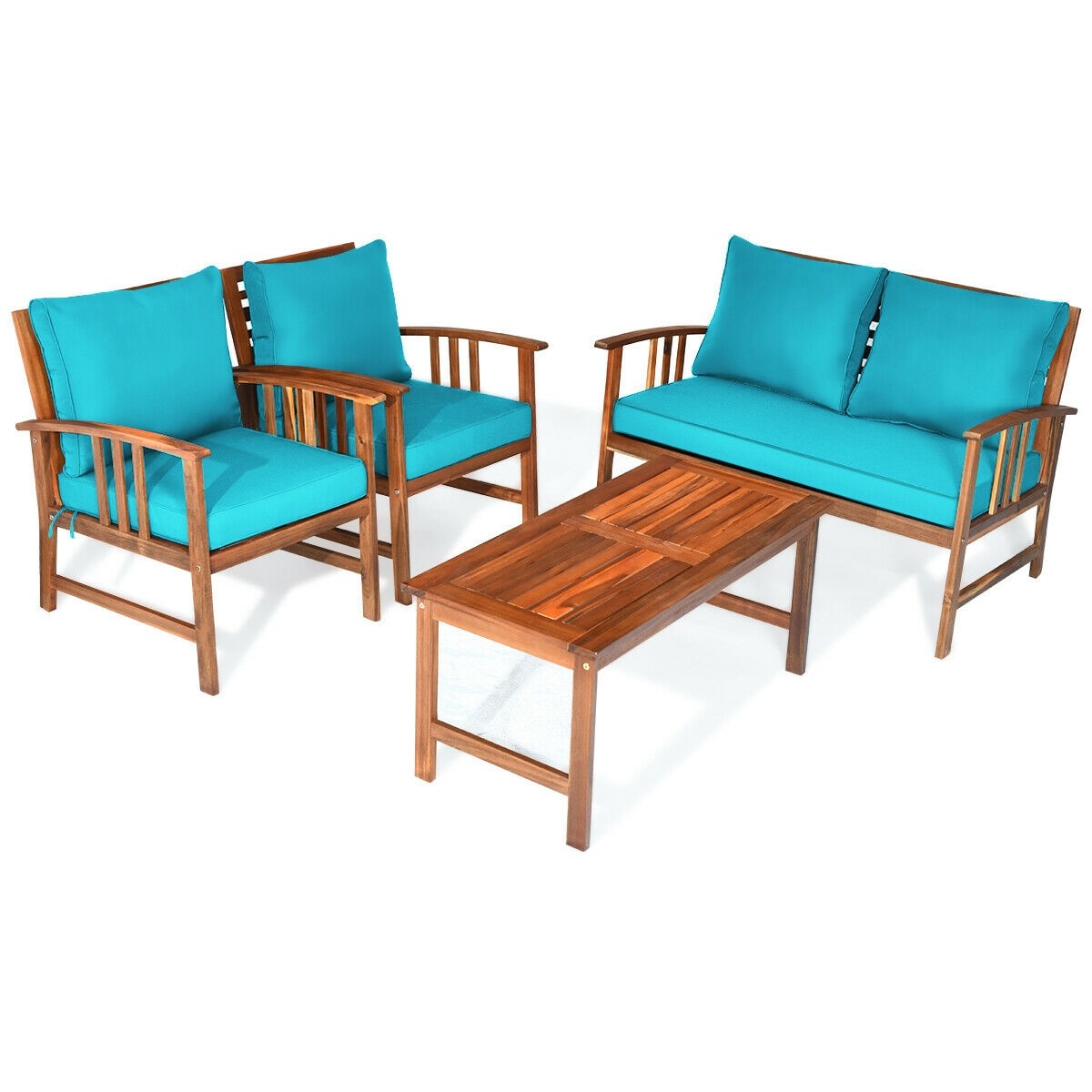 4 Pcs Wooden Patio Coffee Table Sofa Chair Cushioned