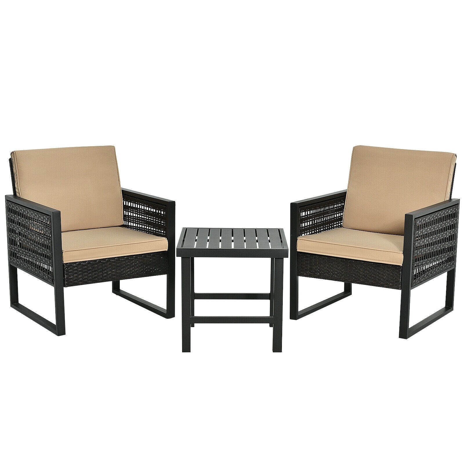 3Pcs Patio Rattan Bistro Cushioned Furniture Set