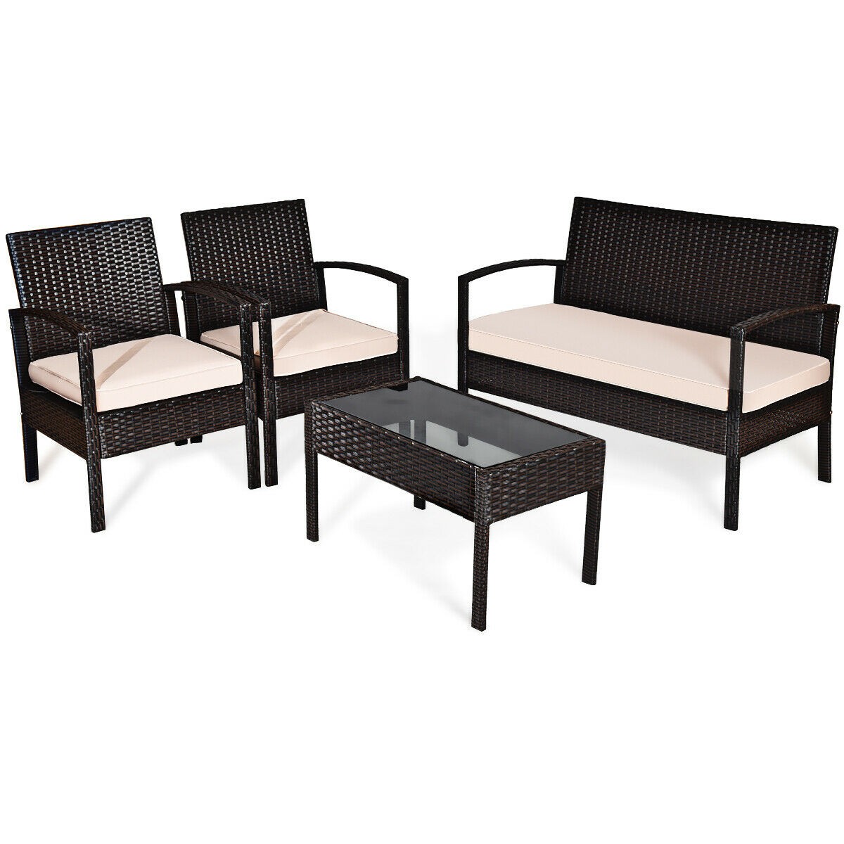 4 Pcs Patio Furniture Sets Rattan Chair & Coffee Table