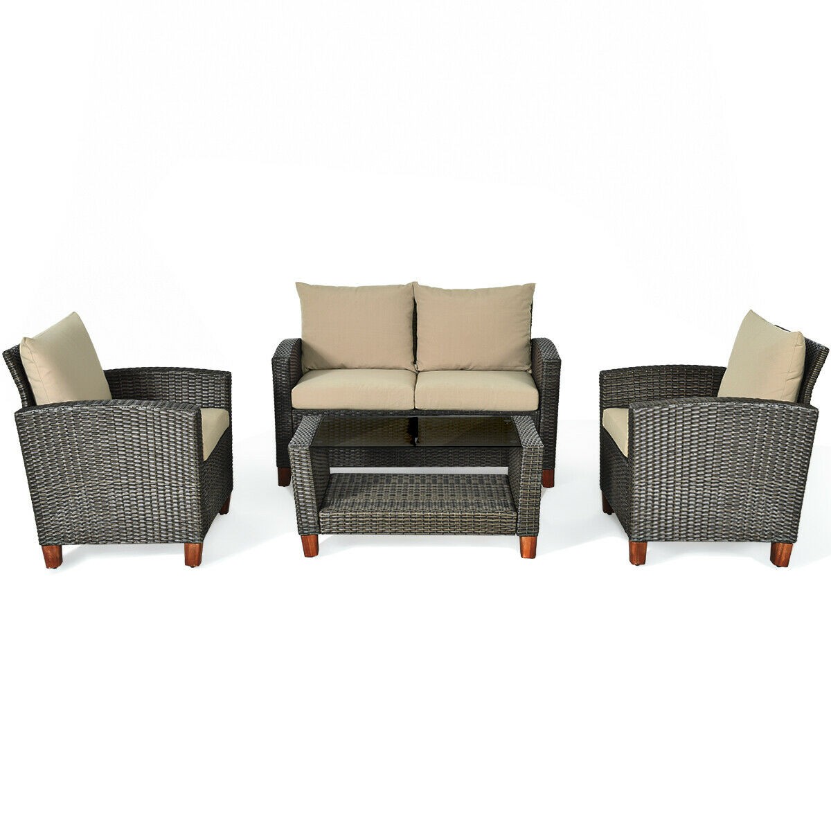4 Pcs Patio Rattan Furniture Set with Cushions