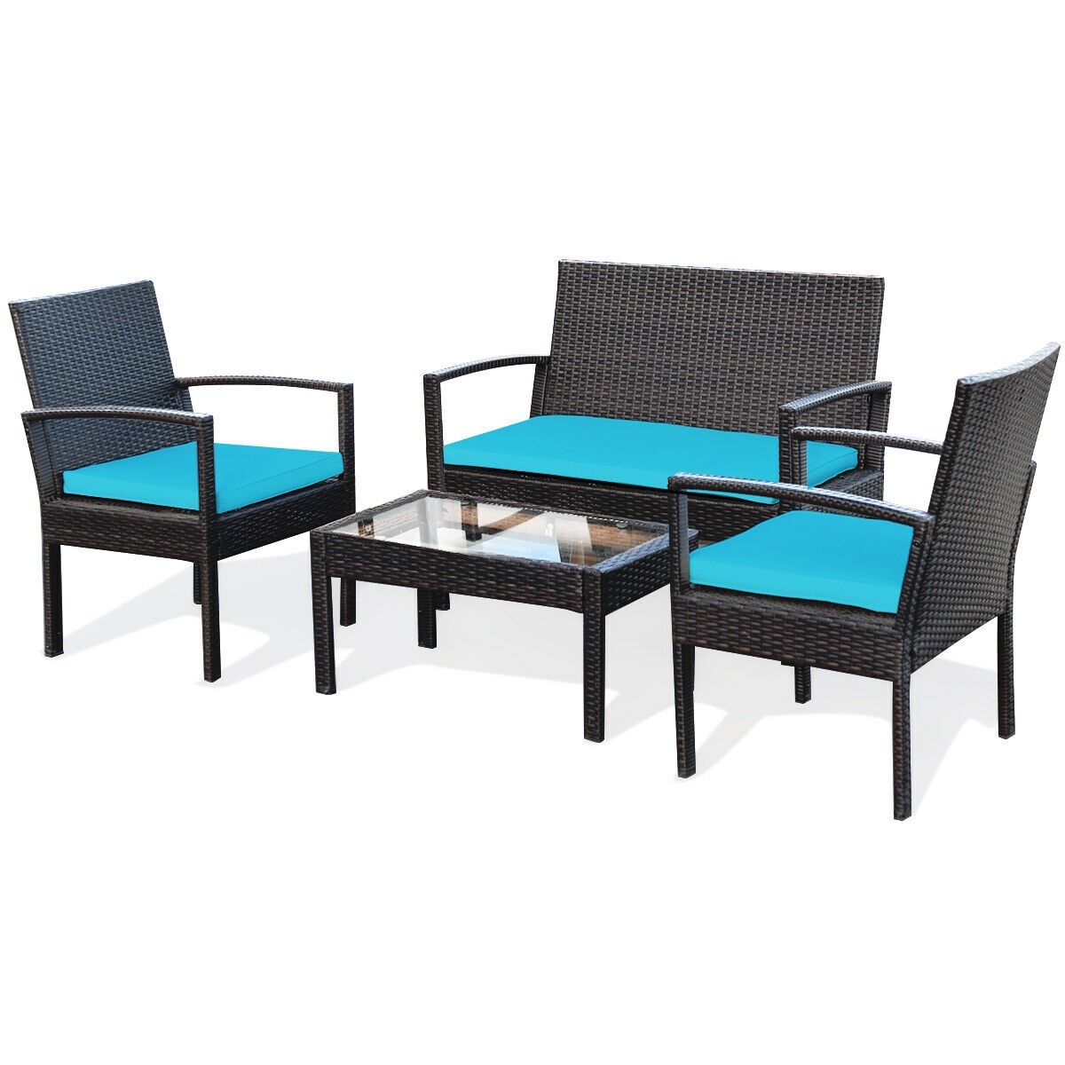 4 pcs Patio Rattan Furniture Set Cushioned Loveseat Armrest