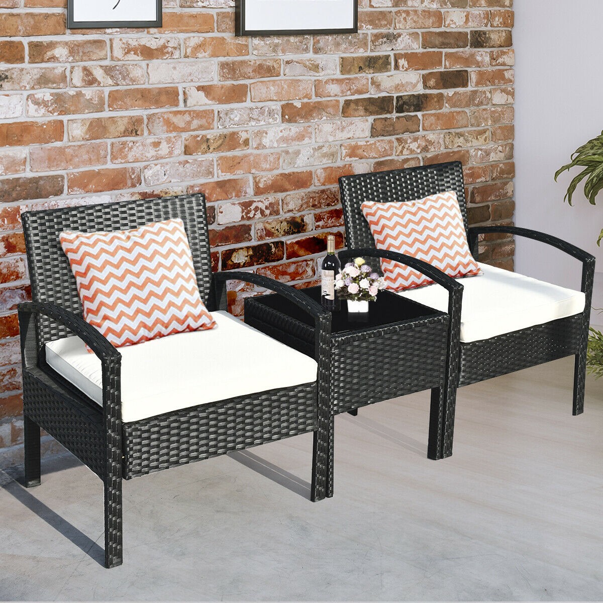 3 pcs Patio Rattan Coffee Table & Sofa Cushioned