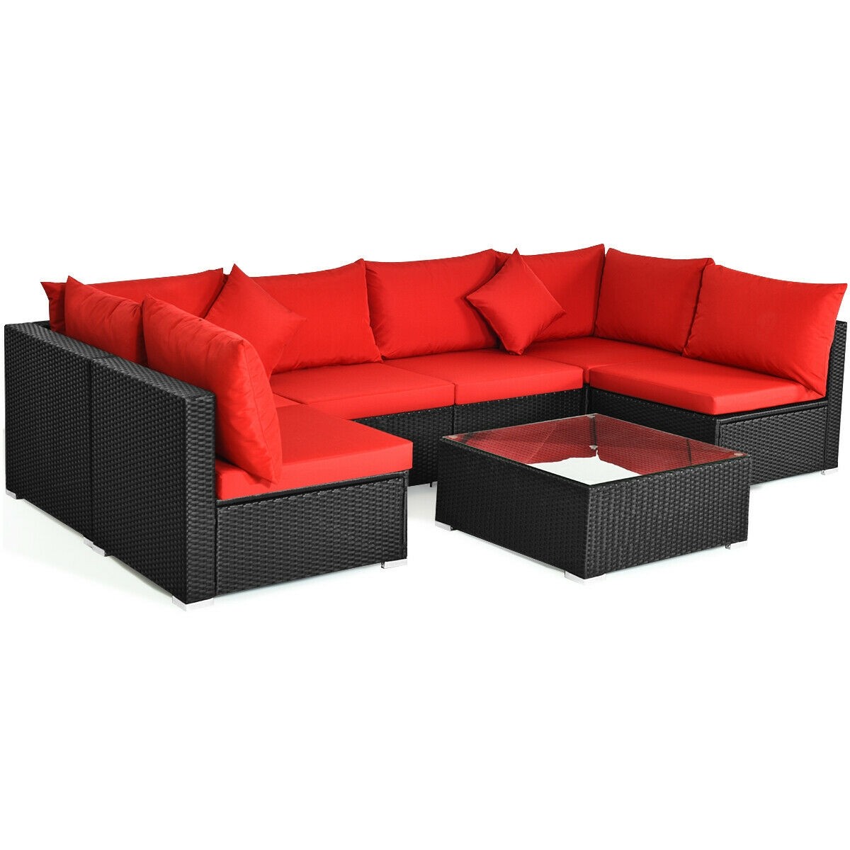 7-Piece Outdoor Sectional Wicker Patio Sofa Set with Tempered Glass Top