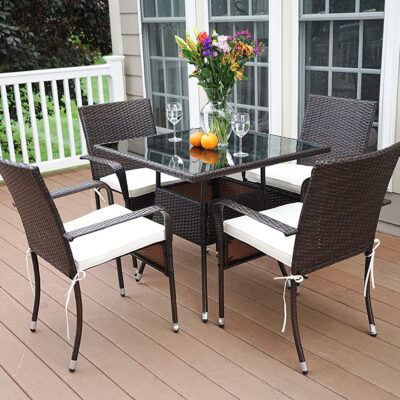 Outdoor Patio Table and Chairs Dining Set for 4, Outside Wicker Chairs for Deck Backyard Poolside, Balcony Glass Table Furniture Sets for Apartments